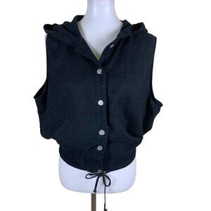 Studio Ease Linen Blend Button Hooded Vest 16W Black Boho Casual Lightweight